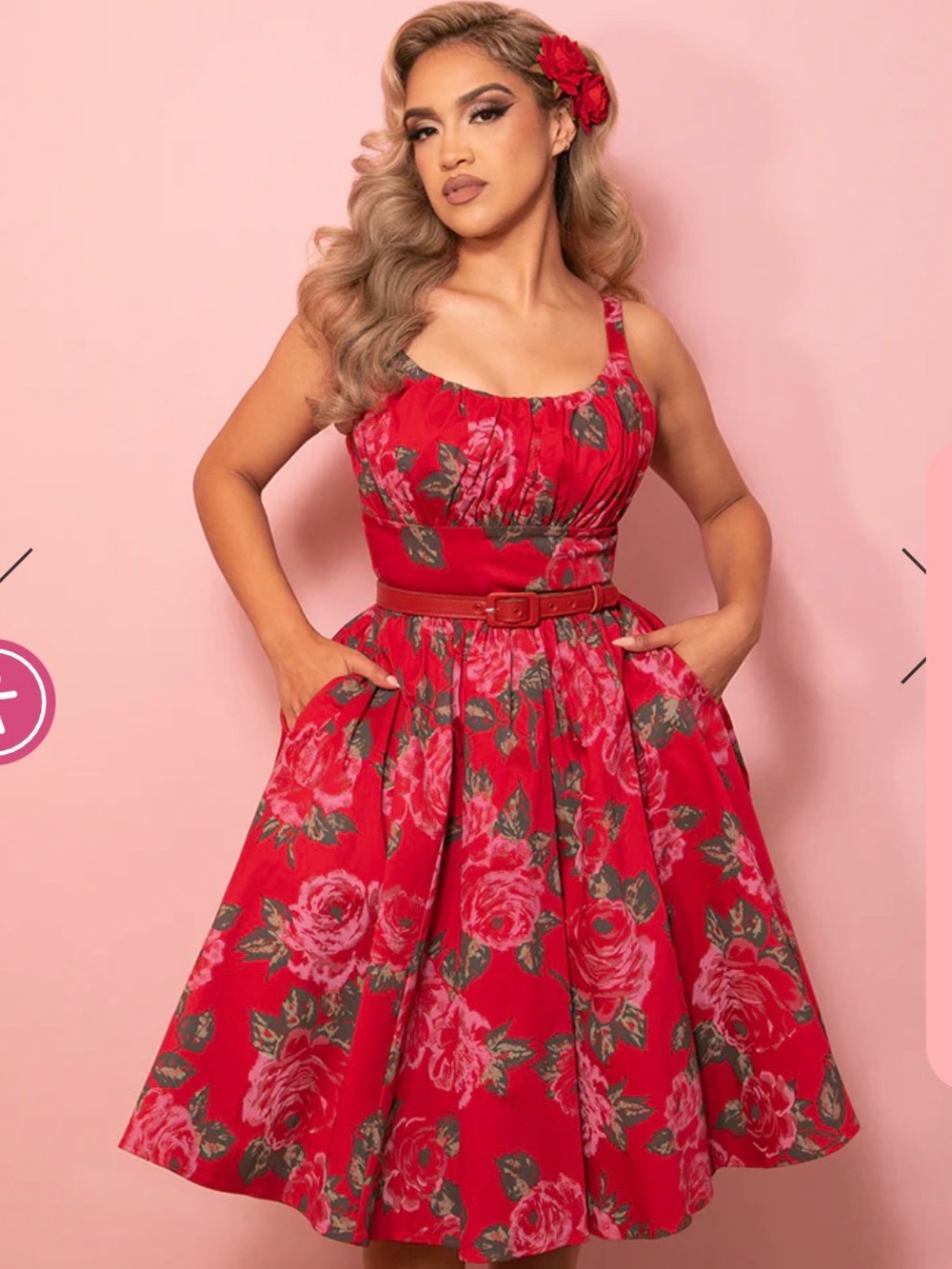Vixen by Micheline Pitt Red Rose Print Fit-and-Flare Midi Dress